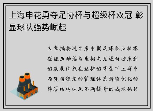 上海申花勇夺足协杯与超级杯双冠 彰显球队强势崛起 上海申花勇夺足协杯与超级杯双冠 彰显球队强势崛起